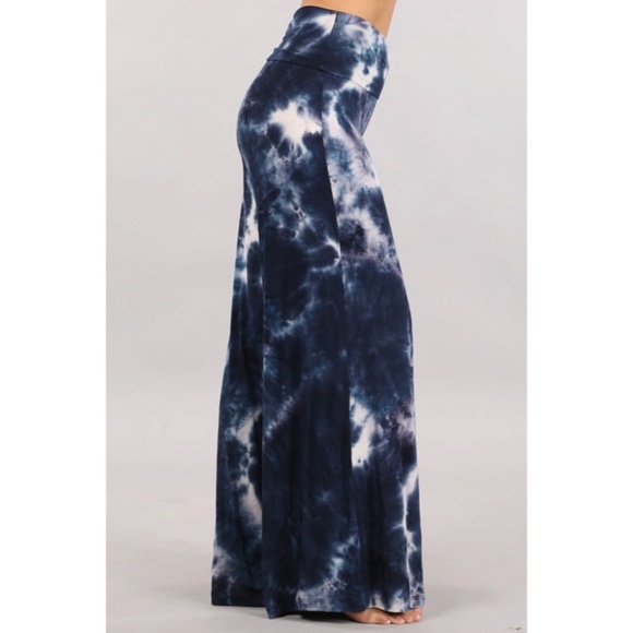 SOLD OUT Bohemian Navy Tie Dye Foldover High Waist Wide Leg Palazzo Lounge - Picture 4 of 6